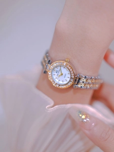 Close-up of a women's luxury quartz watch with diamond-set bezel and two-tone metal strap