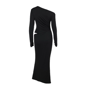 Back view of a slim fit one shoulder black dress with ruching and side cutout details