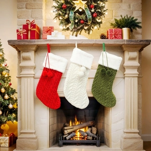 Knitted Christmas Stocking Cable Knit Faux Fur Cuff Pom Poms Hanging Decoration Fireplace Mantel Festive Holiday Ornament