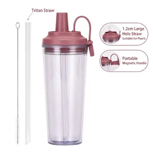 Detail view of double-walled plastic tumbler with 1.2cm wide straw and magnetic handle