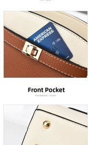Detail of lychee pattern leather shoulder bag showing functional front pocket with gold hardware