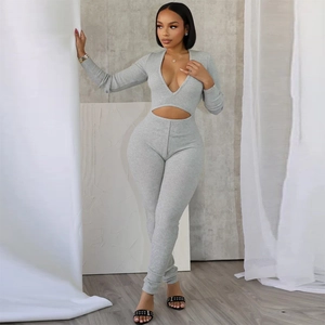 Women Long Sleeve Ribbed Knit Jumpsuit Deep V Neck Cutout Waist High Elastic Bodycon Sexy Streetwear Jumpsuit