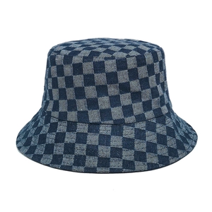 Denim checkerboard bucket hat for women with blue grid pattern and structured brim
