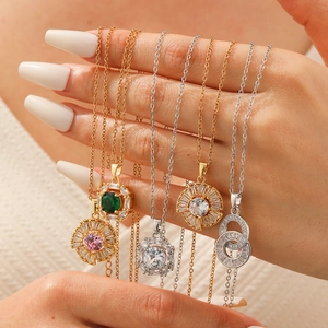 Edelstahl Halskette Zirkonia Blume Ineinandergreifende Ringe Anhänger Elegante Vintage Schmuck Für Damen Gold Silber