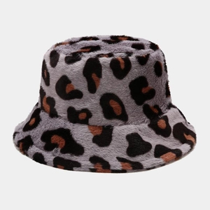 Close-up of leopard print faux fur texture on this winter warm bucket hat for women