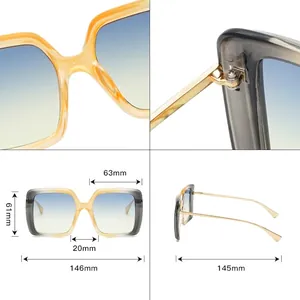 Oversized square sunglasses for women with detailed frame dimensions and lens measurements