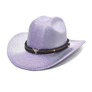 Chapeau De Cowboy Occidental Coton Polyester Rayures Métalliques Bord Large Tête De Taureau Crâne Bande Rivets Jazz Fedora