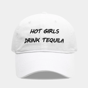 Detail of high-quality black letter embroidery on white cotton canvas baseball cap