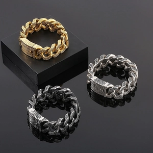 Men's retro trident engraved stainless steel Cuban bracelets in gold, silver, and black