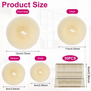 Size chart for bun maker tools including extra-large, large, medium, and small hair accessories