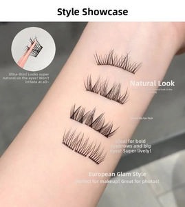 Detail view of four styles of self-adhesive false eyelashes displayed on an arm