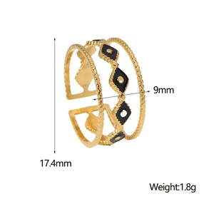 Detailed size specifications for the gold evil eye ring showing 9mm width and 1.8g weight