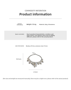 Size guide for sparkling rhinestone drop necklace with length and weight details