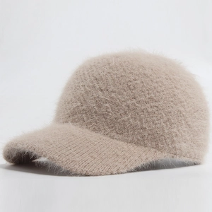 Women's warm faux rabbit fur knit baseball cap in beige with a soft plush texture