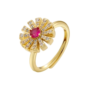 Luxury gold sunflower ring with red gem and white stones on adjustable band