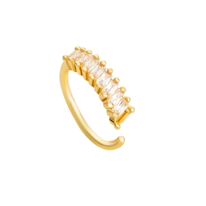 Close-up of golden nose ring featuring sparkling rectangular cut cubic zirconia stones