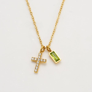 Golden cross necklace with rectangle green gemstone pendant and crystal accents for women