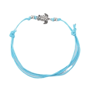Adjustable blue braided rope anklet with silver sea turtle charm and metallic beads