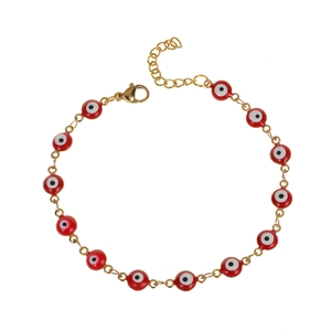 Detail of adjustable gold stainless steel bracelet with red evil eye enamel beads