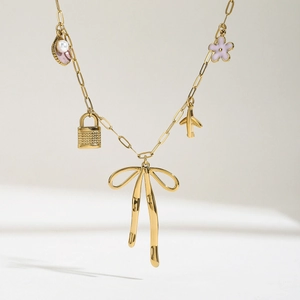 18K gold stainless steel paperclip necklace with butterfly, plane and pearl shell charms