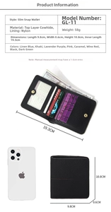 Detailed size chart showing slim cowhide leather wallet dimensions and RFID shielding info