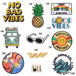 Assorted summer cartoon embroidery patches set with mini sewing kit on white background