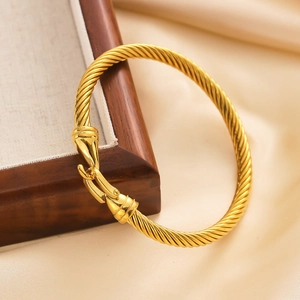 Roman numeral horseshoe buckle twisted rope bangle with 18k gold plating in titanium steel