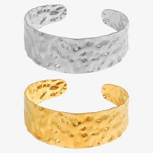 Adjustable 18k gold and silver hammered cuff bangles in minimalist stainless steel