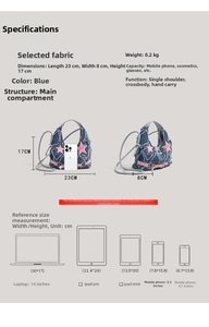 Detailed size specifications for pink star patch denim crossbody bag with reference items