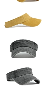 Detail view of cotton sun visor hats in yellow and grey showing stitching and adjustable straps