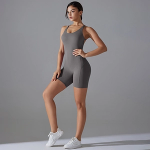 Detail of grey seamless yoga romper with wide straps and high-stretch shaping fabric