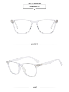 Detailed front and side views of transparent square frame glasses with rivet accents