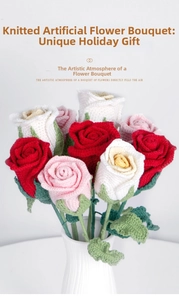 Close-up of handmade crochet rose bouquet in red, pink and white within a white ceramic vase