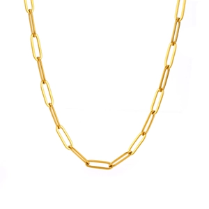 Polished 18K gold plated stainless steel paperclip chain necklace on white background