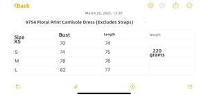 Size chart for floral print V-neck backless dress with chest and length measurements