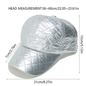 Detailed size chart of a silver quilted PU leather baseball cap with measurements