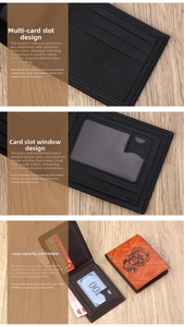 Close-up of leather wallet interior with card slots, ID window and skull embossing