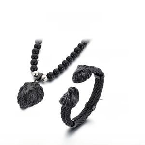 Detail of 8mm black agate necklace and steel lion head bracelet set with dimensions