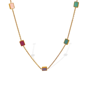 Minimalist 18K gold plated stainless steel necklace with multi-colored enamel square charms