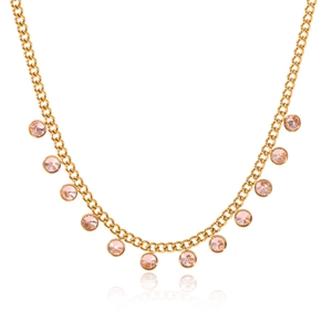 Detail of gold chain necklace with evenly spaced round pink zircon gemstone pendants