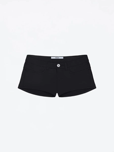 Slim fit black low-waisted mini shorts with metal button detail on white background