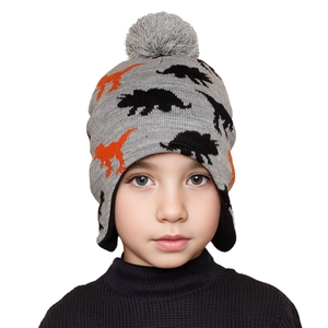 Kids grey knitted earflap hat with black and orange dinosaur patterns and grey pompom