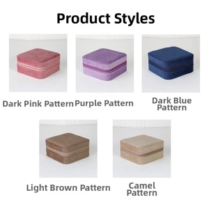 Detailed grid view of square velvet jewelry boxes in five rich colors with zipper closure