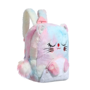 Detail showing plush tie-dye fabric with cat face embroidery and glitter cat ears