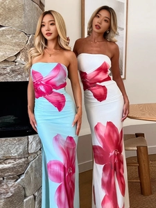 Women strapless floral maxi dress in light blue and white with elegant side slit