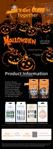Detail of Halloween press-on nails featuring pumpkin, ghost, and spider web motifs