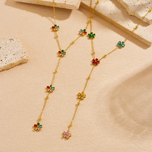 Collier en Y doré en acier inoxydable orné de pendentifs floraux multicolores vibrants