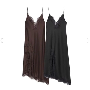 Women Lace Trim Acetate Satin Cami Dress V Neck Asymmetrical Hem Spaghetti Strap Elegant Party Midi Dress