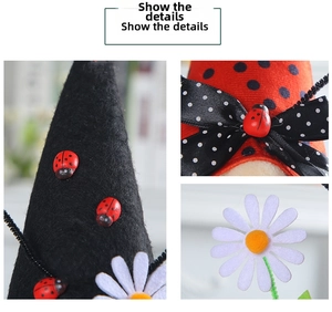 Detail of ladybug plush toy with felt daisy, polka dot ribbon, and red insect accent