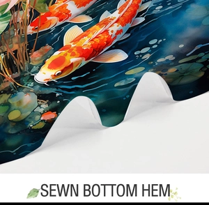 Detail of the sewn bottom hem on a high-quality Christmas koi fish printed shower curtain